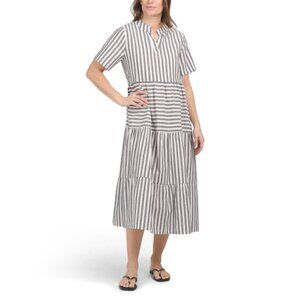 BONITO Navy/white Made In Italy Short Sleeve Variegated Striped Midi Dress